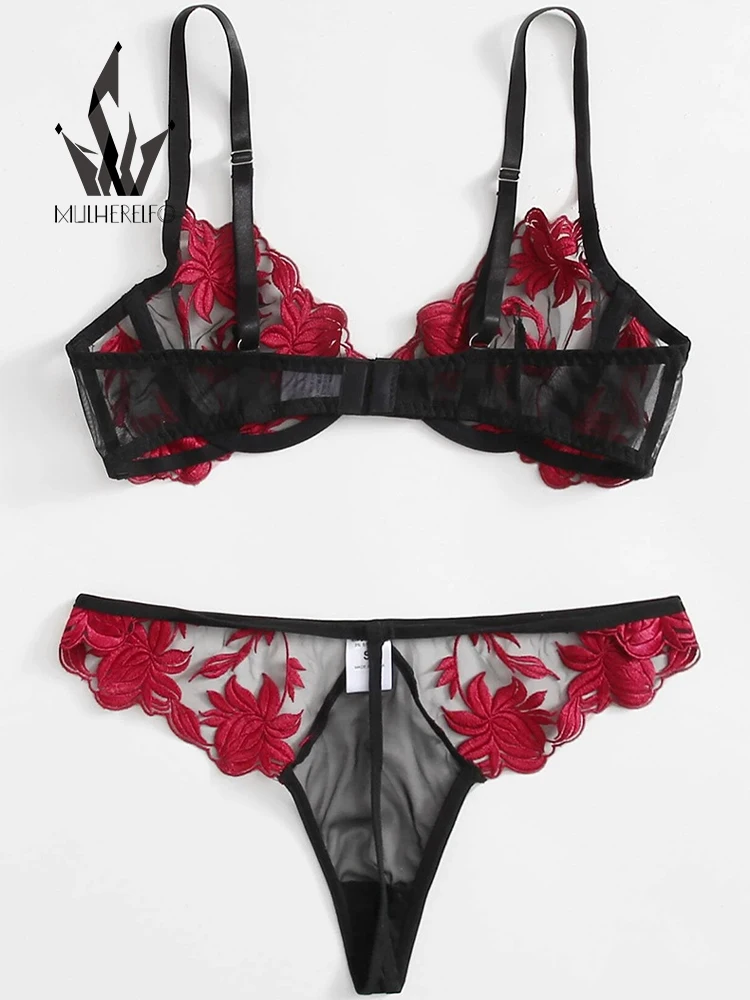 Mulherelfo Sensual Floral Lingerie Sets Women Underwear Sexy Embroidery Transparent Bra and Brief Set Exotic Bralette Outfits