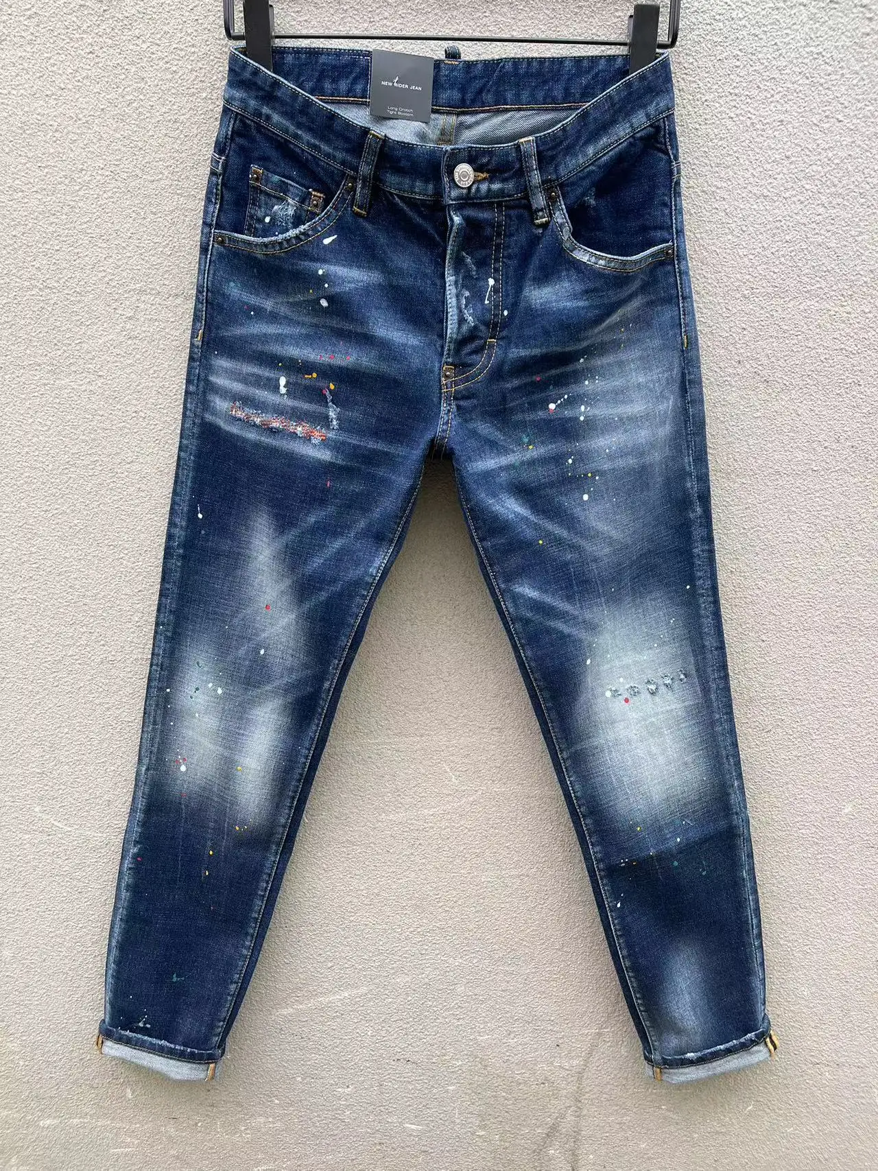 2023 Spring/Summer New D2 Jeans Men's Fashion Men's Washed and Worn Hole Patch Car Line Zipper Decoration Small Foot Blue