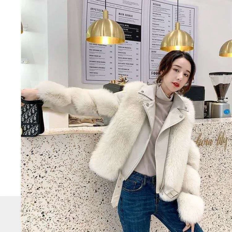 New top fashion luxury imitation fox fur fur coat fur coat whole skin thin women's motorcycle clothing warm coat women