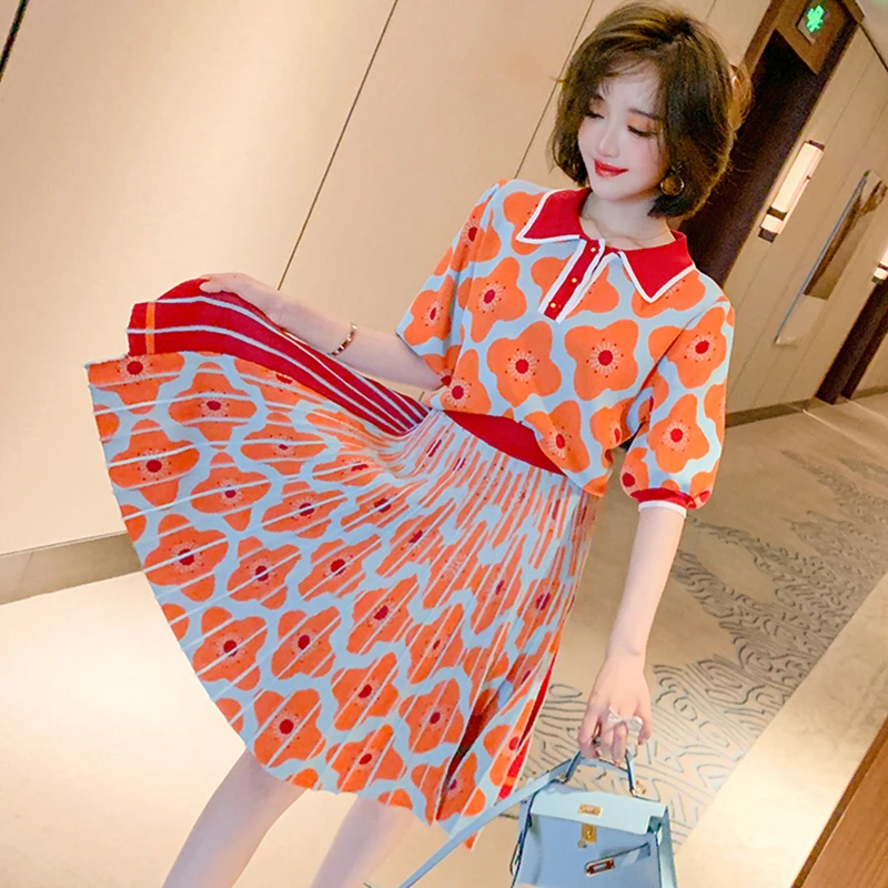 

Flower Jacquard Knitted 2 Piece Set New Arrival Women Lapel Color Contrast Sweater Tops + Irregular Pleated Mini Skirt Suits