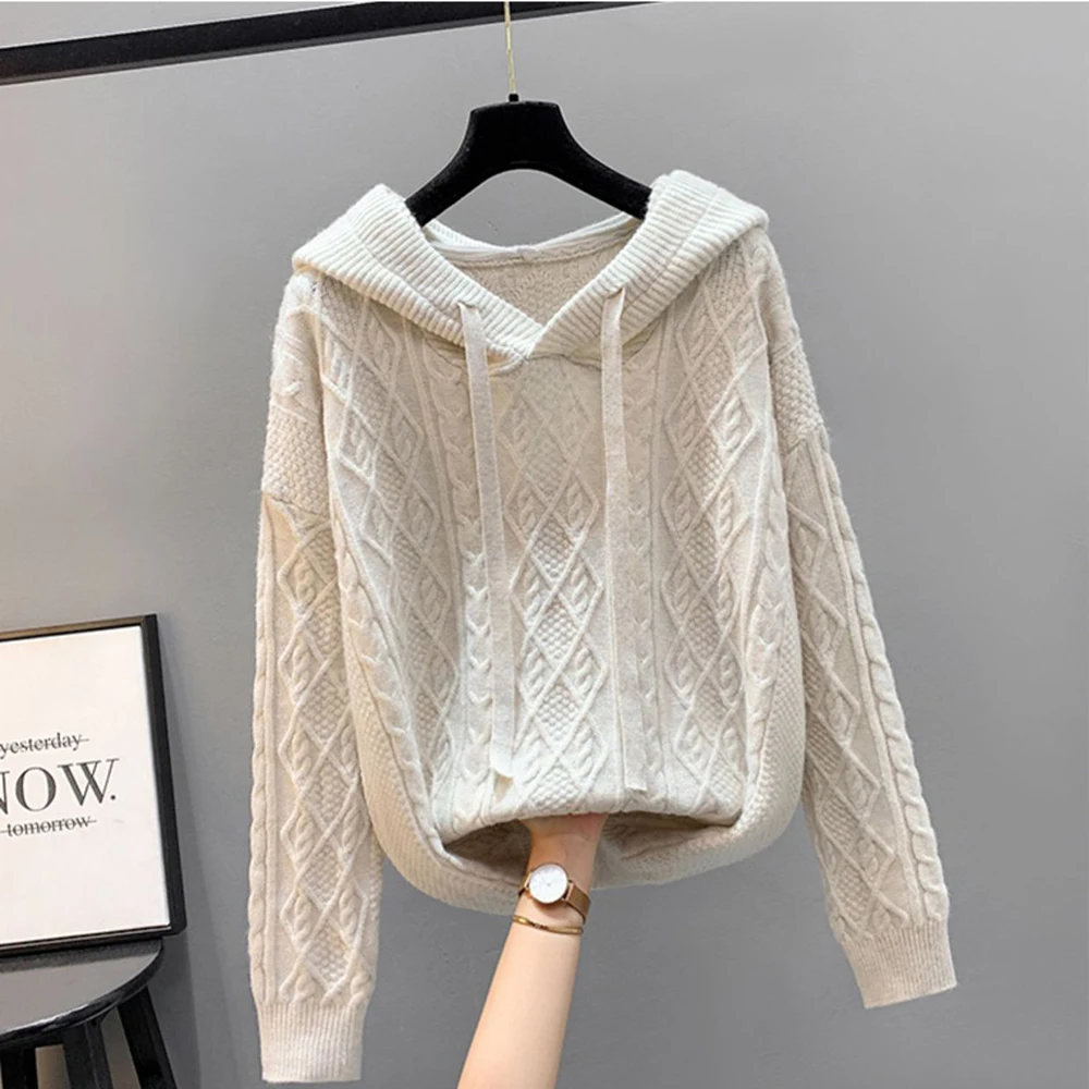 

New Hooded Thickened Knit Women Fried Dough Twists Sweater Warm inAutumn Winter Loose Slim Inside Wearing Slouchy Guards Outside
