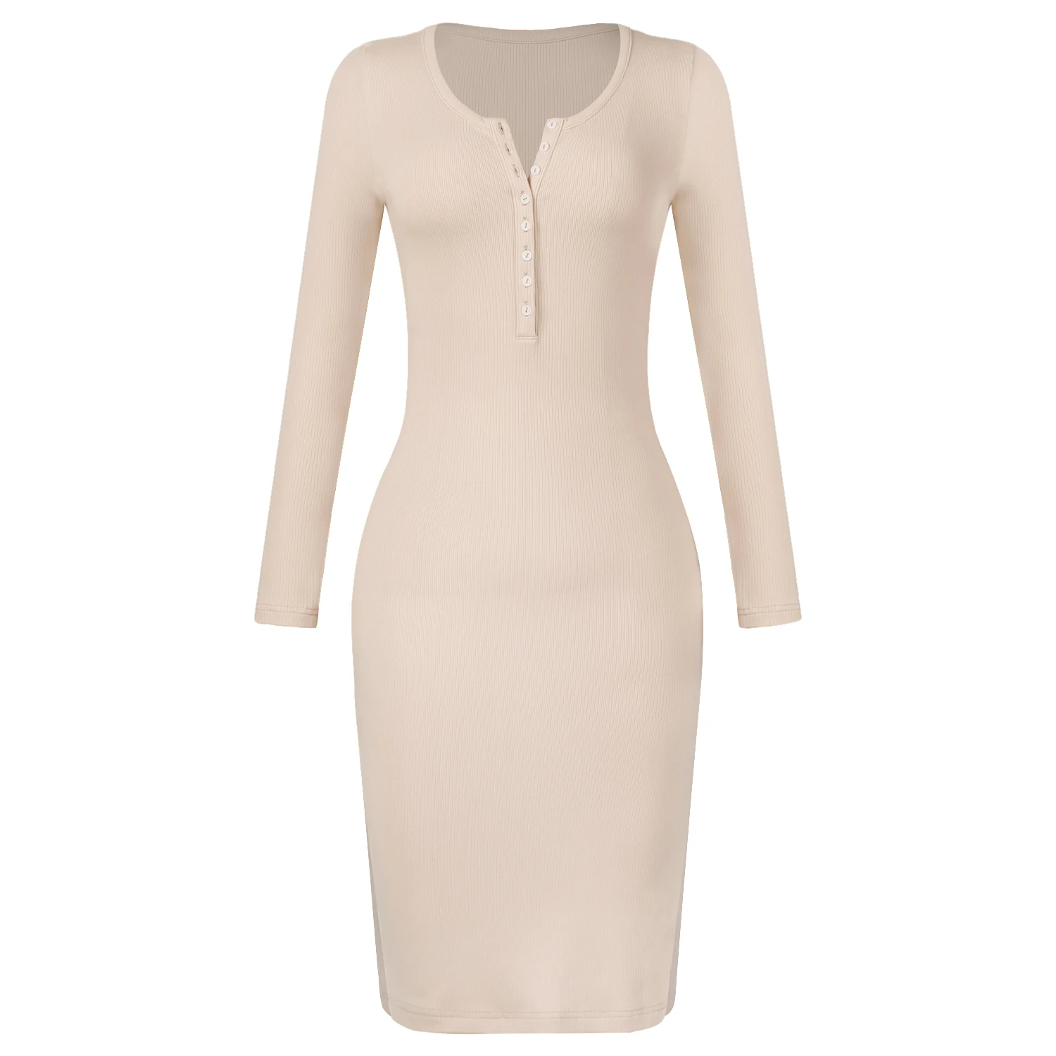 

New 2022 Autumn Women Button Thread Long-Sleeved Tight Bag Hip Slit Ladies Dresses Female Black White Gray Sexy Elegant Clothing