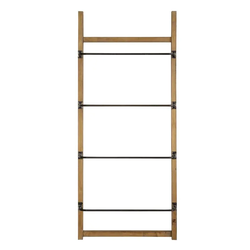 

Metal and Wood Ladder Wall Rack with 4 Bars, Black and Gold