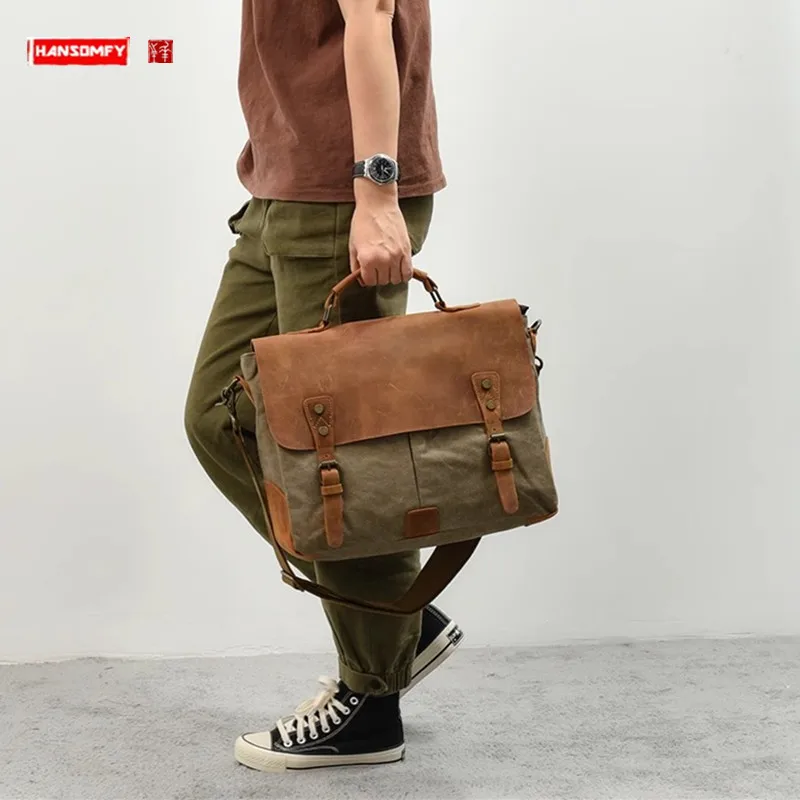 Водонепроницаемая Мужская сумка из натуральной кожи Холщовый портфель дорожная