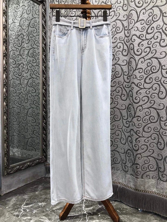

2022 new women fashion loose casual belt slim light color straight trousers trousers jeans 525