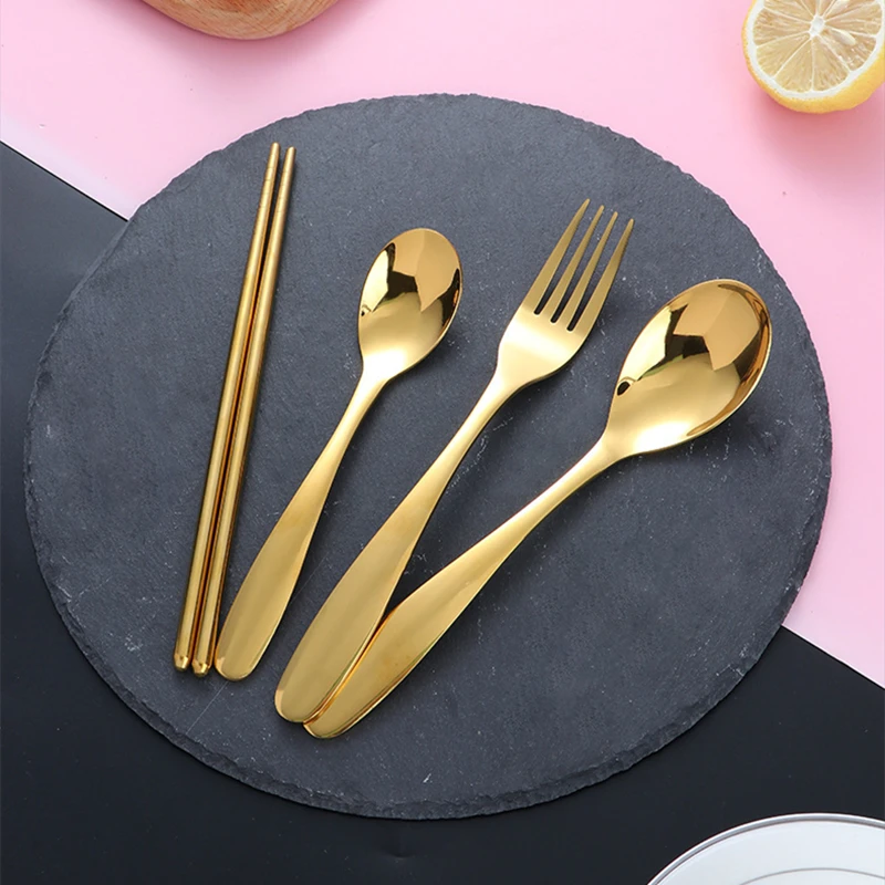 

Western Golden Complete Cutlery Set Portable Spoon Fork Chopsticks Teaspoons 4pcs Children's Home Tableware Kitchen Utensils
