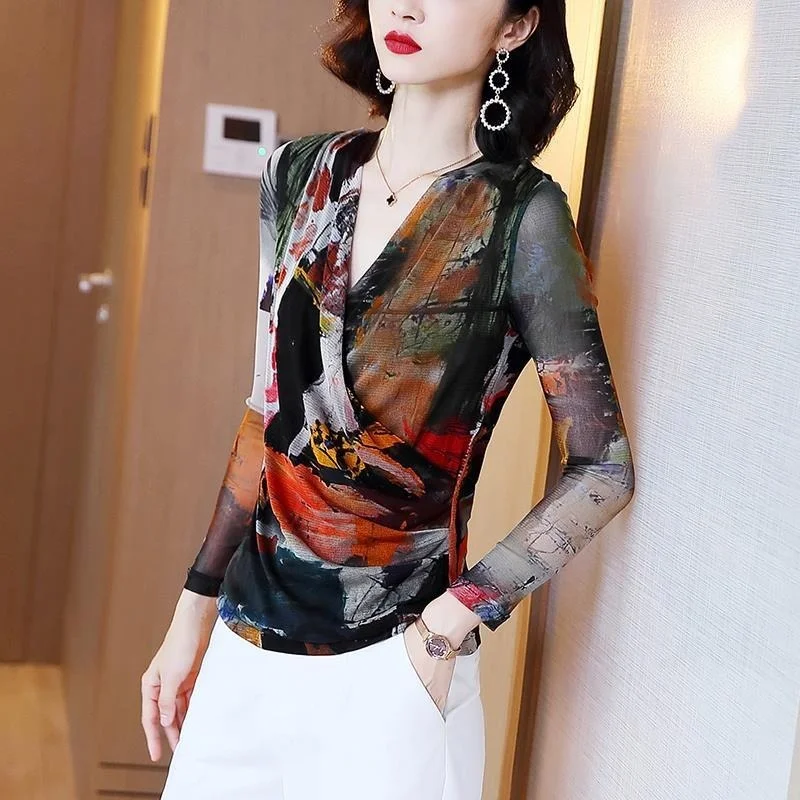 

Silk Long Sleeve T-shirt Women's Mesh V-neck Bottoming Shirt Spring and Autumn Printing Versatile Temperament