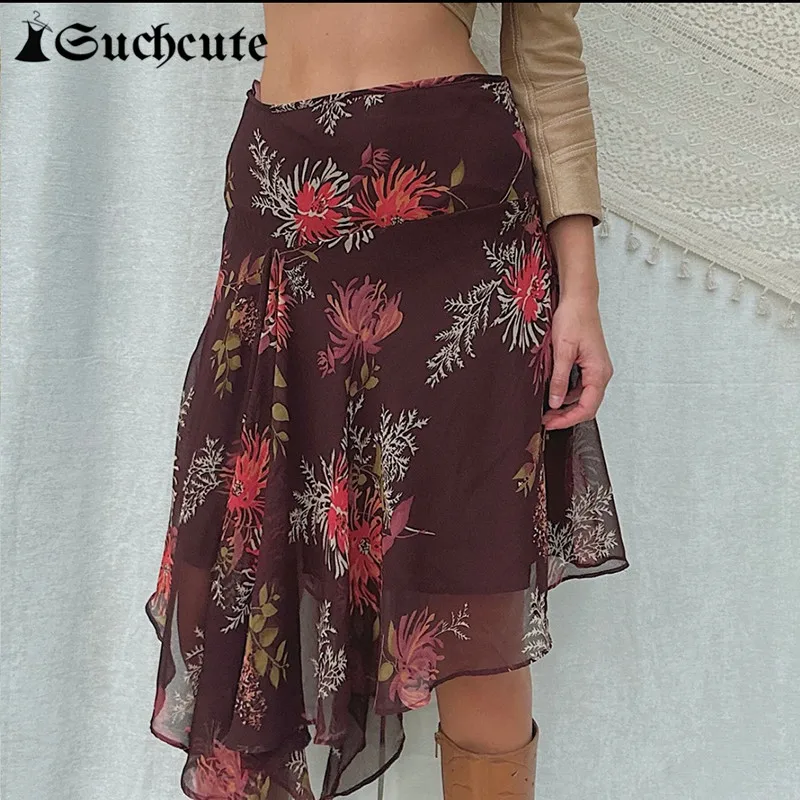 

SUCHCUTE Vintage Floral Print Irregular Midi Skirts Fairycore Streetwear Low Rise Skirts Women Harajuku Grunge A-line Clothes