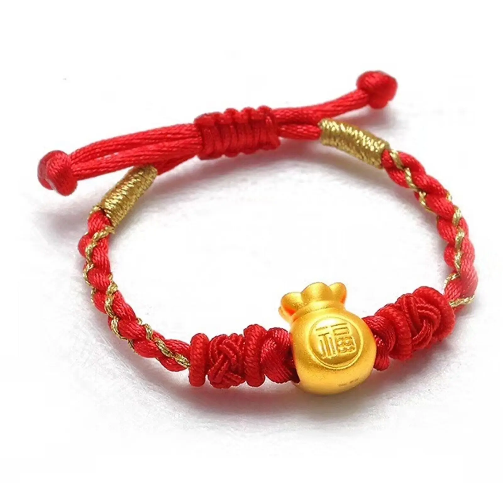 

1pcs 999 24K Yellow Gold Bracelet For Women 3D Blessing Money Bag Red String Bracelets 16cm Length