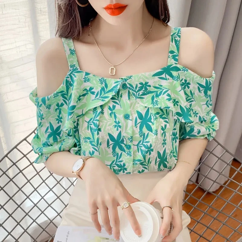 

Floral Print Chiffon Blouse Women Ruffled Off Shoulder Strap Sexy Blouses Lady Korean Summer Tops Cute Green Blouses Blusas