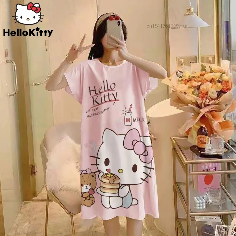 Sanrio Hello Kitty Print Cartoon Sleepwear Cute Nightdress Disney Daisy Mickey Duck Thin Summer Female Pajamas Nighty Home Wear