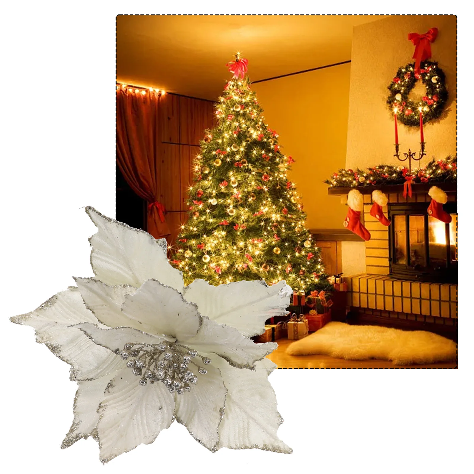 Поддельный цветок пластиковая ткань 28 см рождественский блестящий пуансеттии