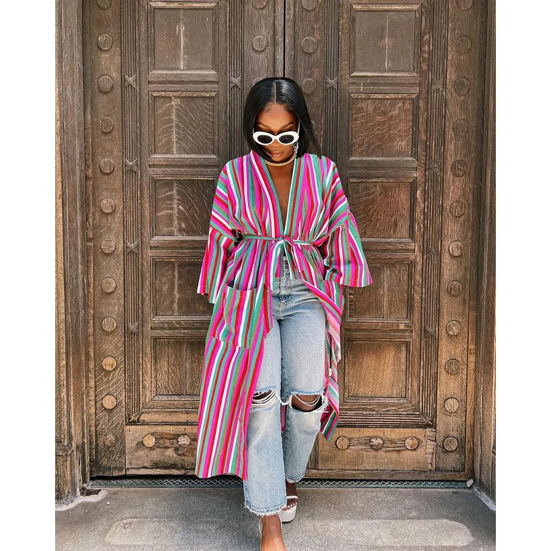 

Perl Stripe Trench Coat Full Sleeve V-neck Bandage Women Clothing Casual Fashion Loose Long Jacket Female High Street Wear 2022