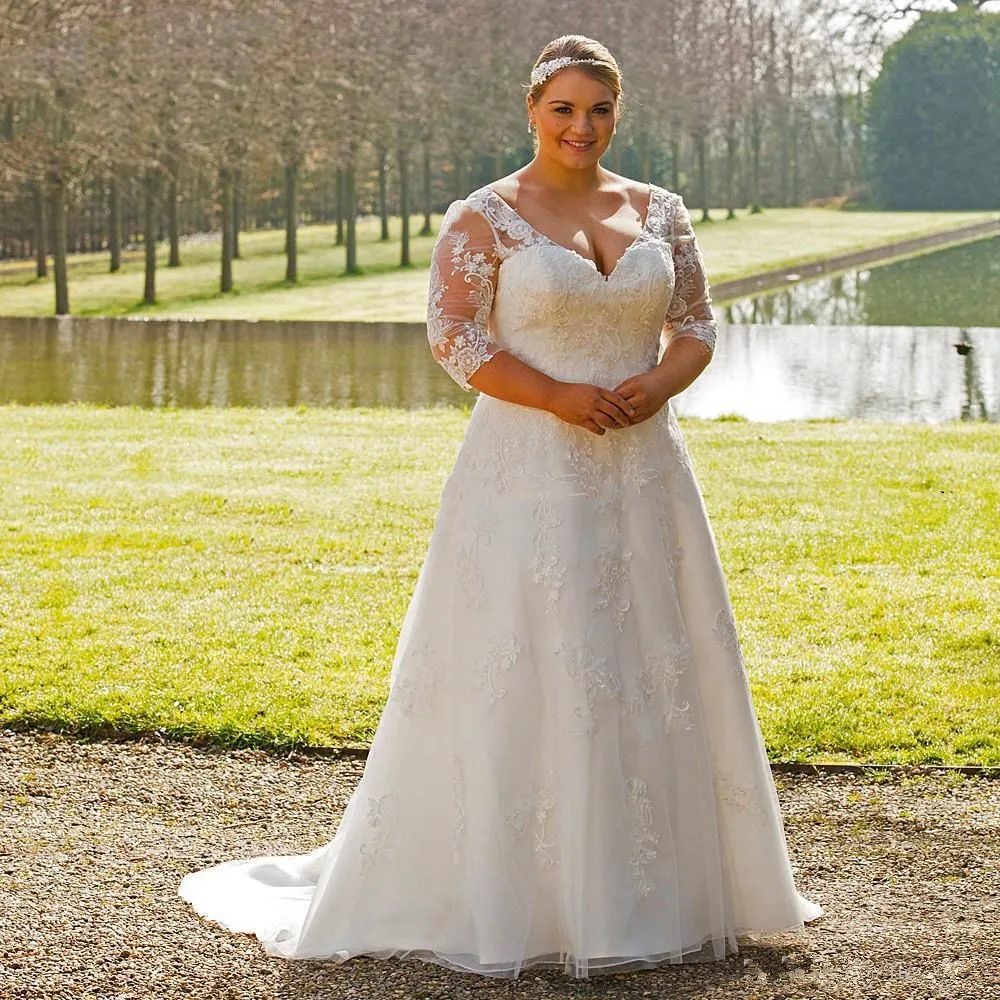 

2022 Modest V-neck Plus Size Wedding Gown with Sleeves A-line Appliqued Lace Bridal Dress Vestido de Novia Custom Made