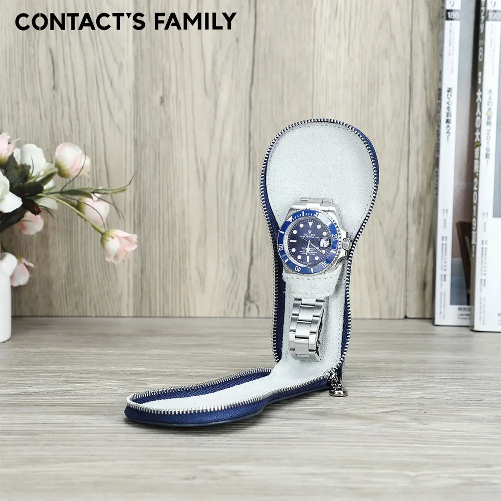 

CONTACT'S FAMILY Single Slot Watch Case Handmade Vintage 100% Cowhide Leather with Zipper Travel Portable Bag Display Organizer