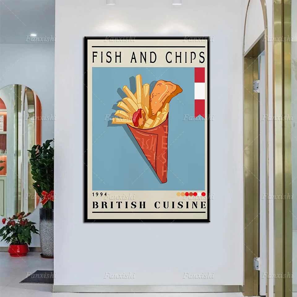 

Fish And Chips Poster,Food Print,British Food,Retro Poster,Housewarming Gift,Kitchen Decor, Mid Century Poster,Minimalist Prints