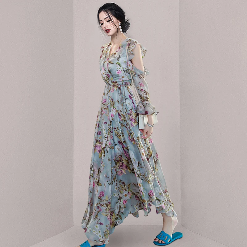 

Vintage Boho Floral Print Chiffon Maxi Dress Femme 2022 Spring Fashion Off Shoulder Casual Holiday Party Dress Robe Vestidos