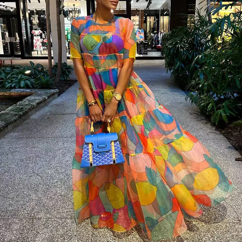 

Женское повседневное Плиссированное пляжное платье с высокой талией, модное Сетчатое длинное платье с принтом, новинка 2023, летнее богемное платье с круглым вырезом и коротким рукавом