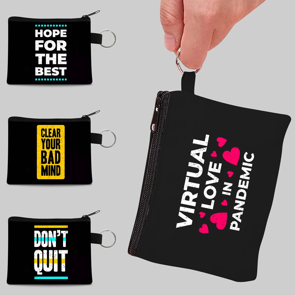

Mini Canvas Coin Purse Ladies Key Small Wallet Card Holder Storage Bag Portable Wired Headphone Bag Phrase Pattern Cosmetic Bags