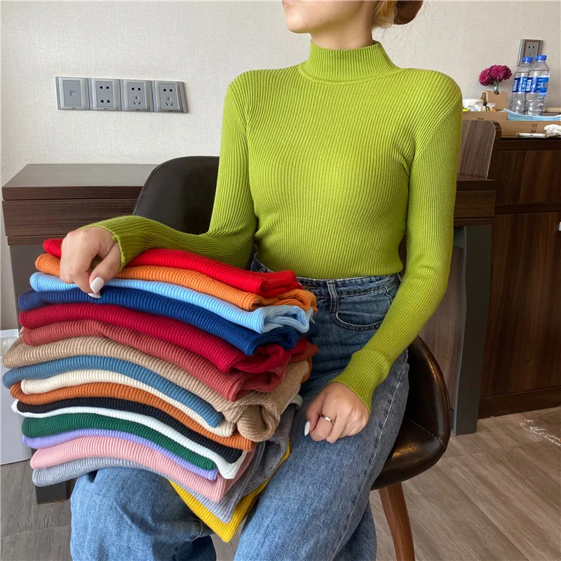 

Winter Turtleneck Sweater Women Autumn Casual Thin Long Sleeve Tops Base Knitted Sweaters Solid Color Slim Stretch Pullovers