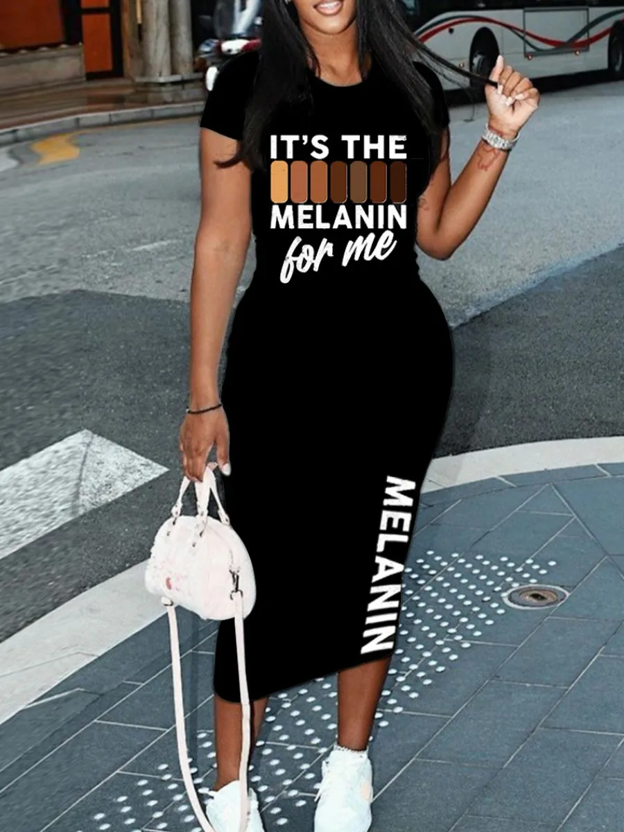 

LW Melanin Letter Print Bodycon Dress Mid Calf Short Sleeve Wrapped Skirt Mixed Print O Neck Fashion Casual Streetwears