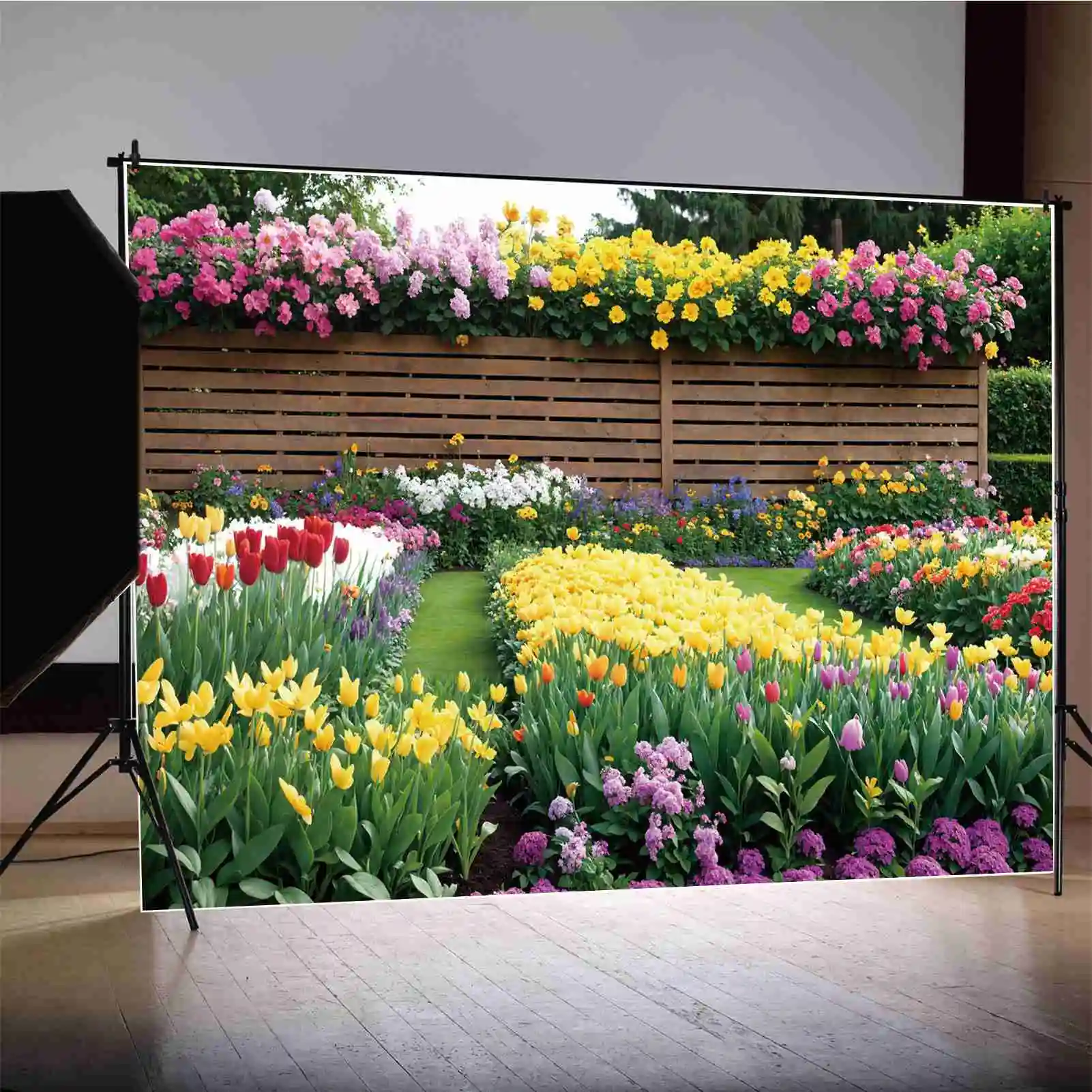 

Spring Garden Blossom Scenery Photography Backdrops Wooden Fence Wall Party Decoration Personalized Baby Photo Background Props