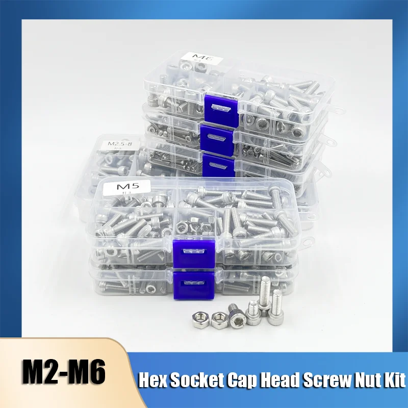 

Hexagon Hex Socket Head Cap Screw Set M2 M2.5 M3 M4 M5 M6 M8 304 A2-70 Stainless Steel Cap Head Bolt and Hex Nuts Assortment Kit
