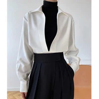 qweek vintage blouses harajuku white blue shirts loose elegant female tops office wear women no buttons v neck autumn clothes