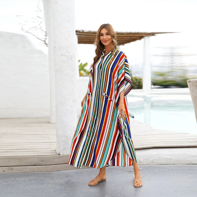 

Women Button Up Beach Dress Cardigan Multicolor Striped Print Swimsuit Cover Up U4LF