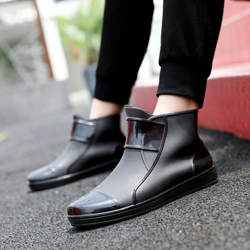 

38-45 Mens Rain Boots Waterproof Height Ankle Flat Heel Pvc Slip-on Solid Kitchen Wash The Car Fishing Male Shoes Hw22