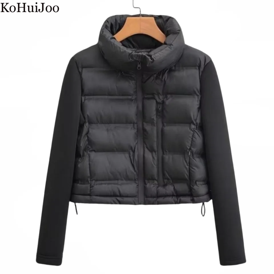 Kohuijoo Winter Jacket Women Black Long Sleeve Stand Collar Patchwork Cotton Jacket Casual Coat Thick Warm Parka Mujer
