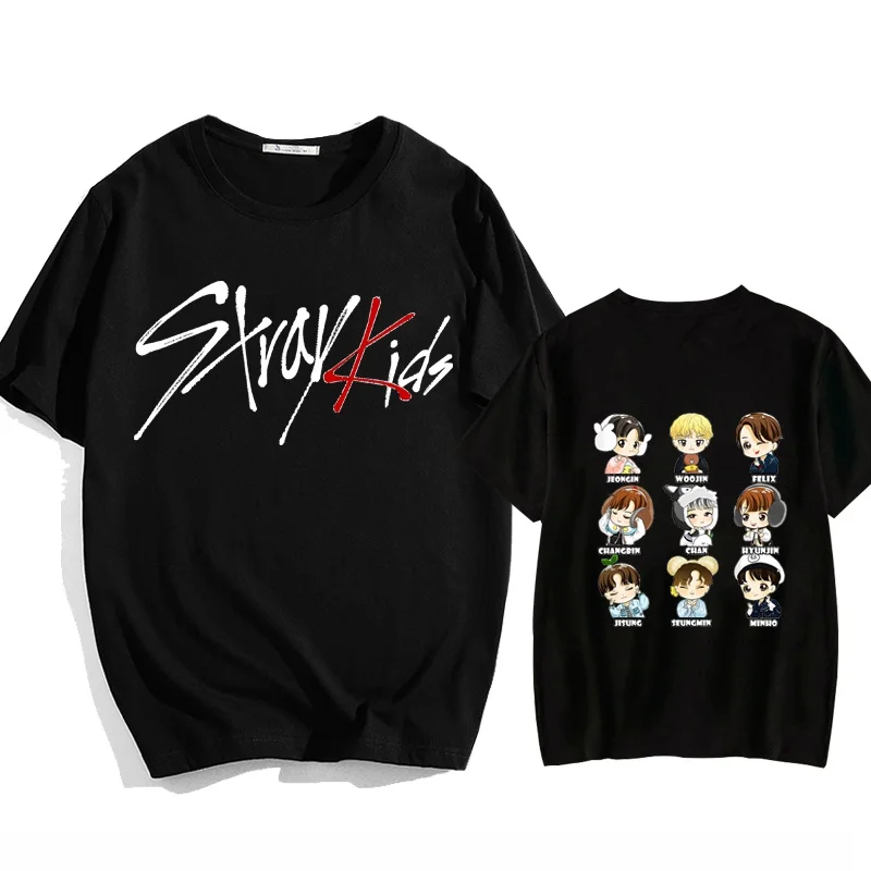 

Kpop Stray Kids Print T-shirt Funny Cartoon Character Graphic T Shirt Unisex Fashion Round Neck Shirt Summer Loose Cozy Tee Top