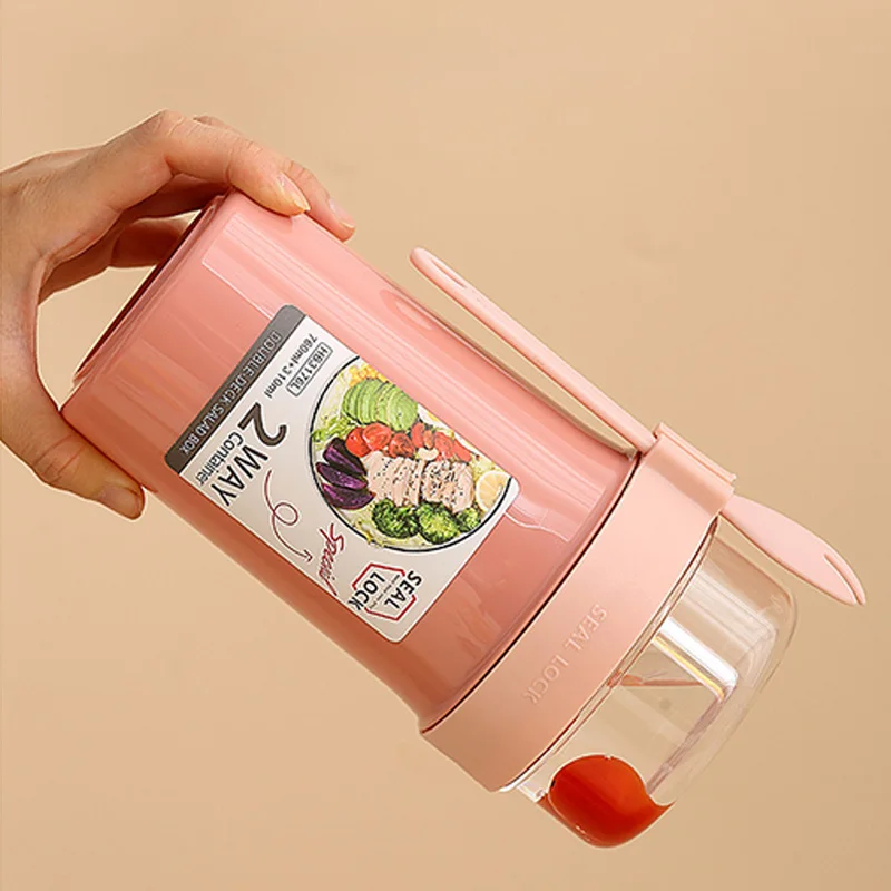 1 Шт. Двойная Ложка С Крышкой Салатница Чашка Для Завтрака Фруктовая Овсянка