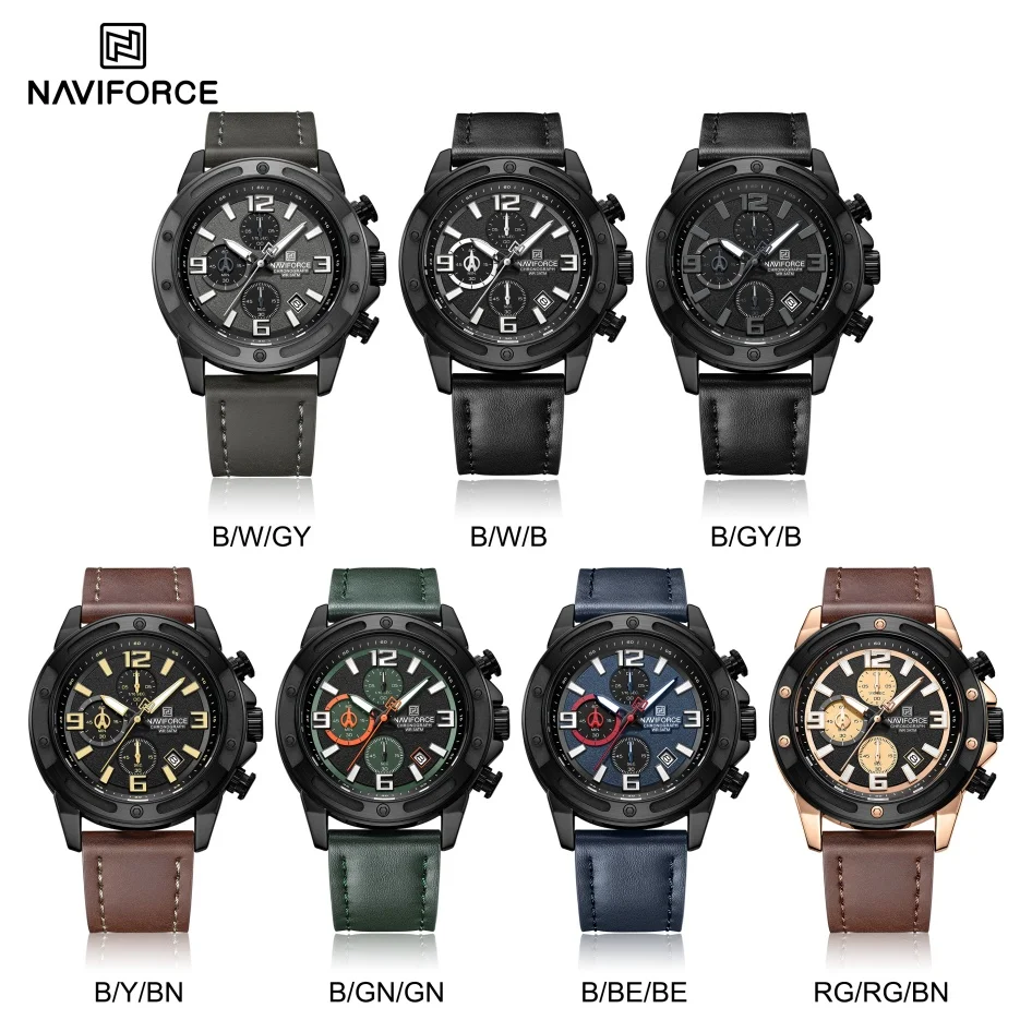 Фото NAVIFORCE мужские водонепроницаемые кварцевые часы с ночником, деловые часы с кожаным ремешком, многофункциональные наручные часы для мальчиков №5