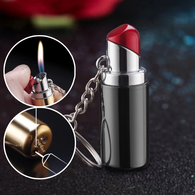 

Lady Lipstick Shape Inflatable Open Flame Women Cigarette Lighter Unique Refill Butane Gas Keychain Lighter