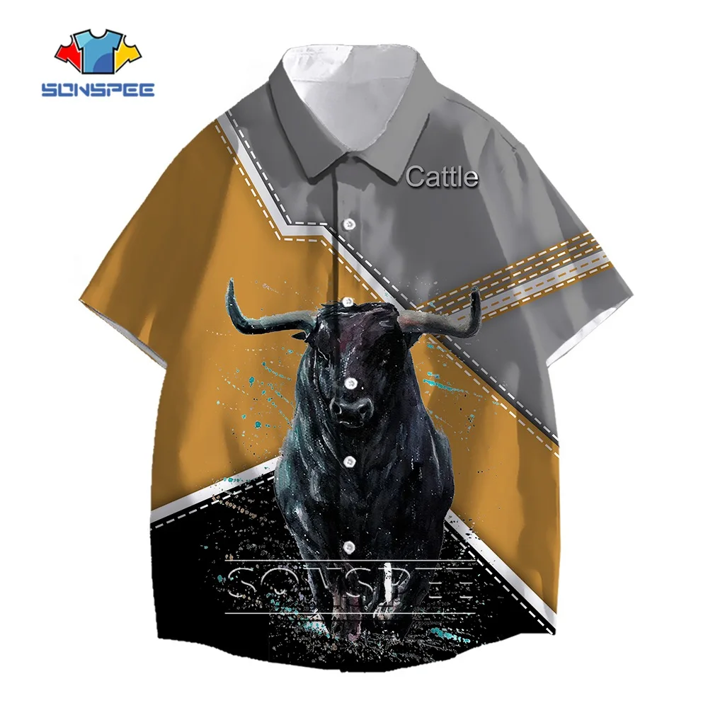 

SONSPEE Hunting Animal Bull 3D Print Men's Shirt Casual Harajuku Trend Street Spanish Bullfight Hawaiian Shirts Short Sleeve Top