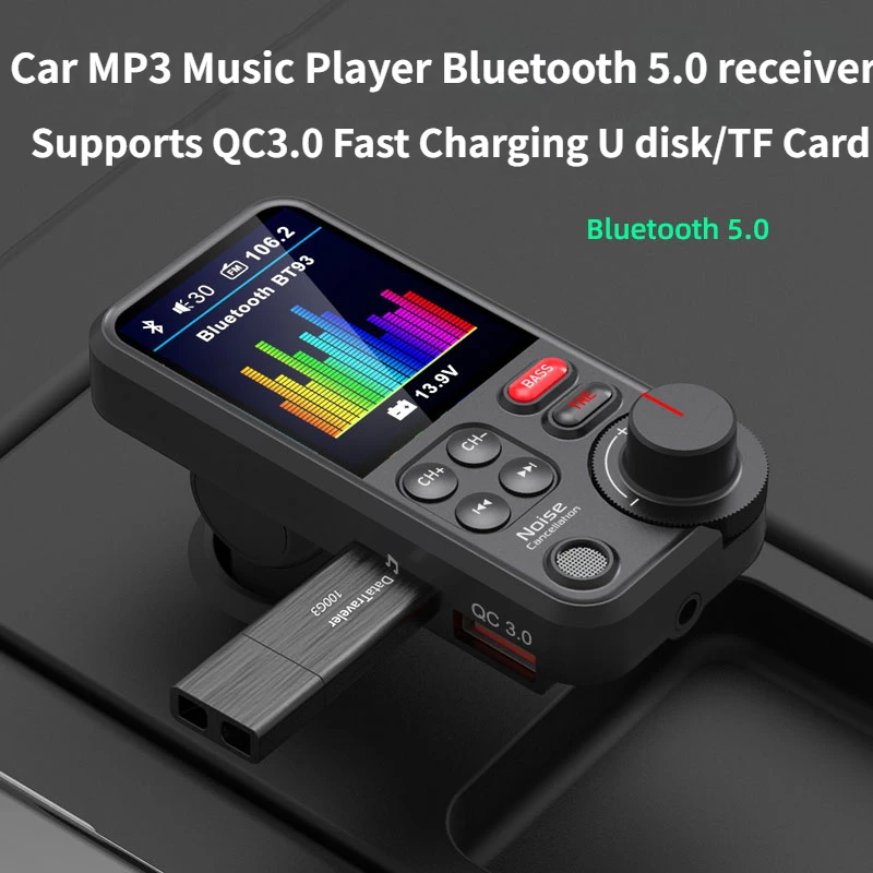 

Wireless Car LED MP3 Bluetooth 5.0 HIFI Music Player FM Transmitter One Key Bass Supports QC3.0 Fast Charging U disk / TF Card