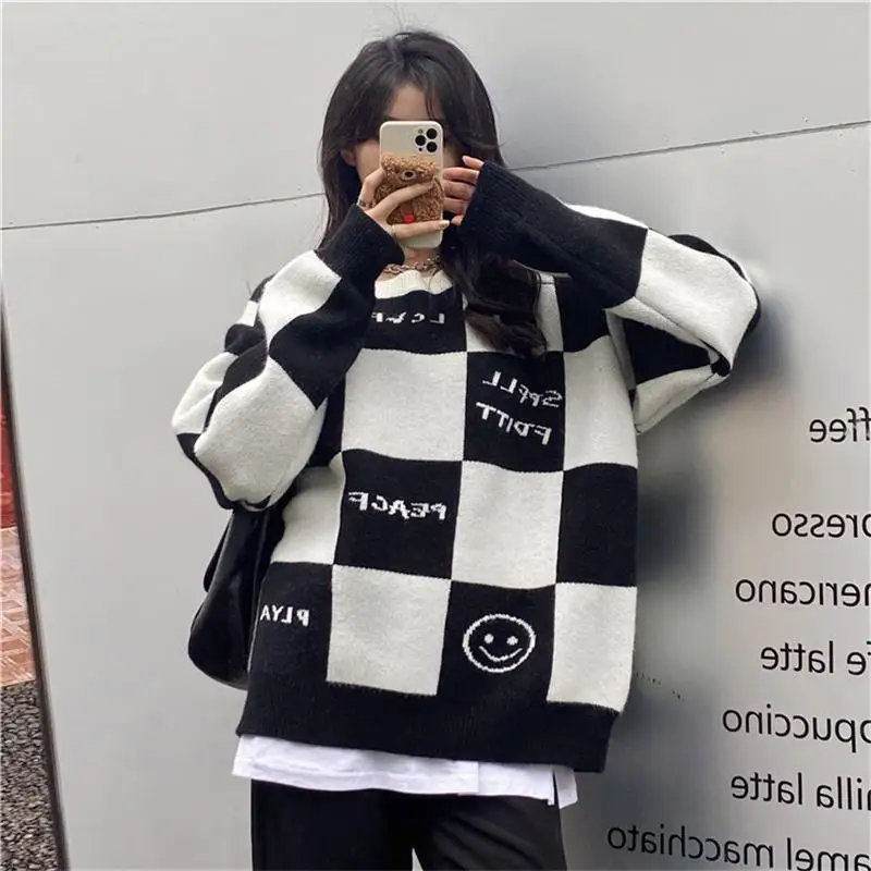 Женский клетчатый свитер с длинным рукавом в Корейском стиле