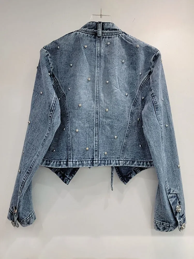 Женские джинсовые пальто с заклепками Элегантные короткие куртки V-образным