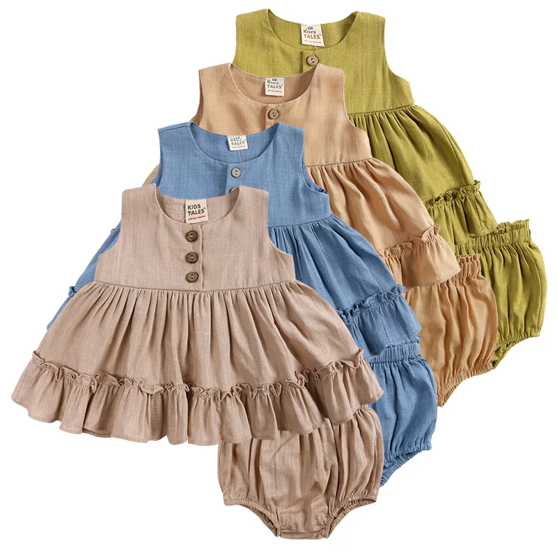 Girls Dress Summer Cotton Linen Baby Girl Vest Skirt Ruffled Princess Skirt + Bread Pants Two-piece Baby Girl Suit