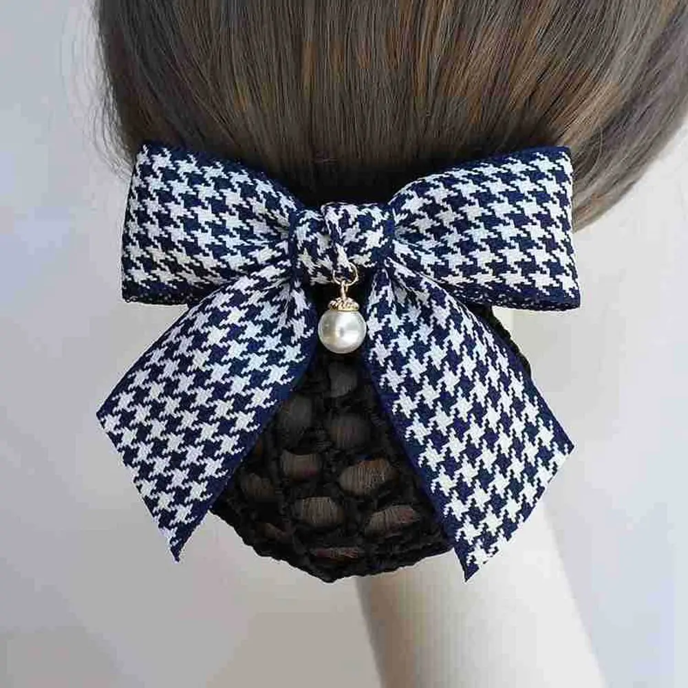 

Pearls Pendant Hair Accessories Flight Attendant Korean Style Headdress Women Hairpin Houndstooth Bun Net Snood Bow Spring Clip