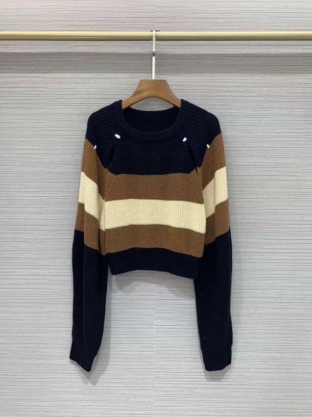 

2022 new women fashion long-sleeved sexy color-blocking contrasting loose-fitting short knitted versatile sweater 906