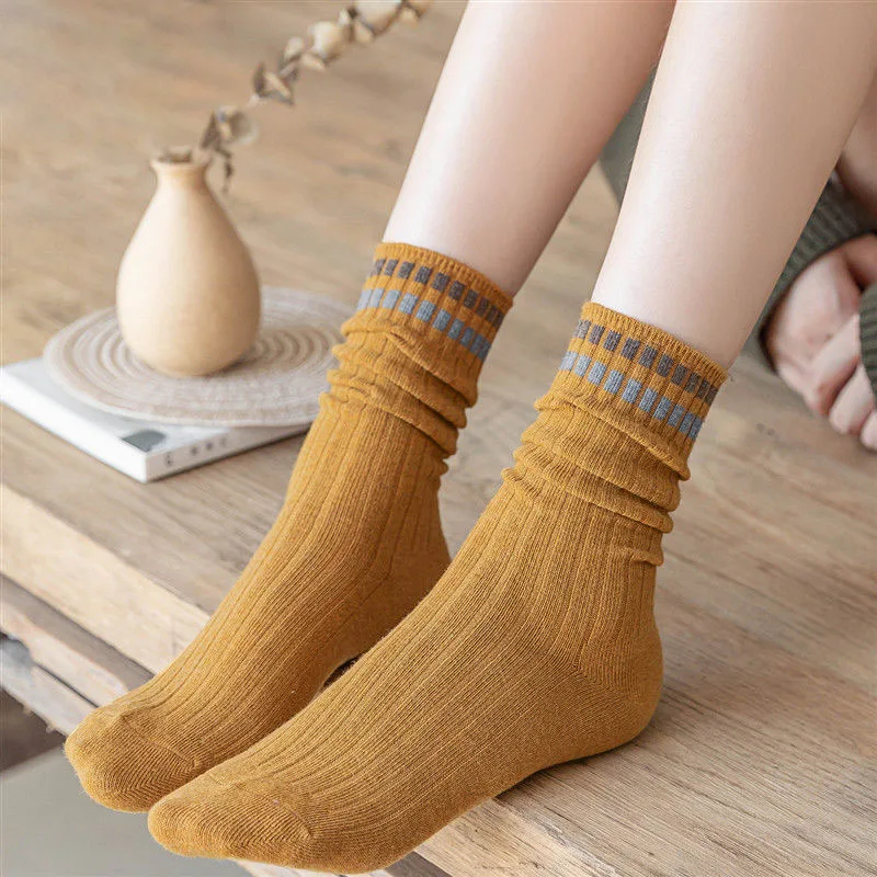 5pair/Lot Spring Autumn Women Long Socks School Solid Knitting Striped Cotton Breathable Calcetines Mujer Chaussette Loose Sock