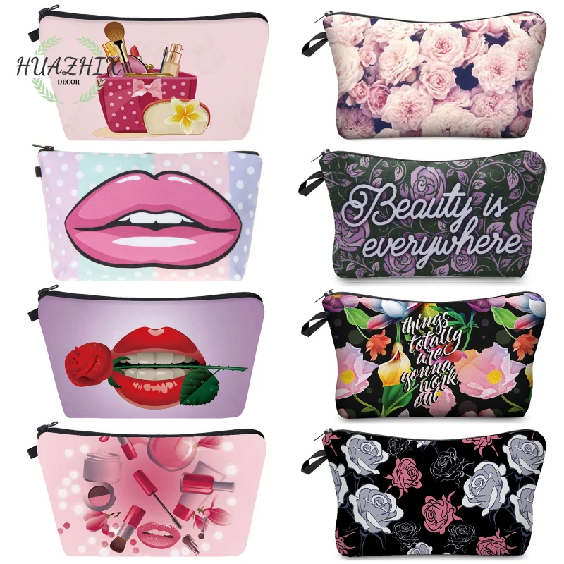 

Flowers Lip Cosmetic Bags Heat Transfer Printing New Fashion For Lady Make-up Travel Storage Pretty Purse Portable Decorations
