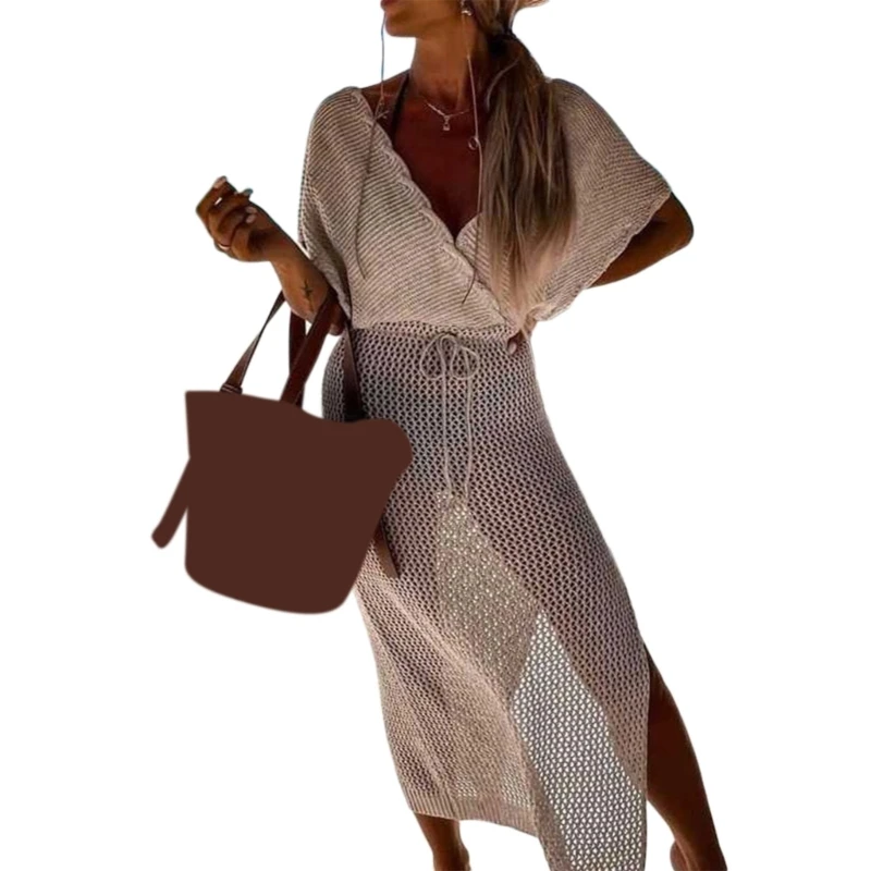 

Womens V-neck Swimsuit Dresses Hollows Sexy Short Sleeve Sunscreens Swimwear Top