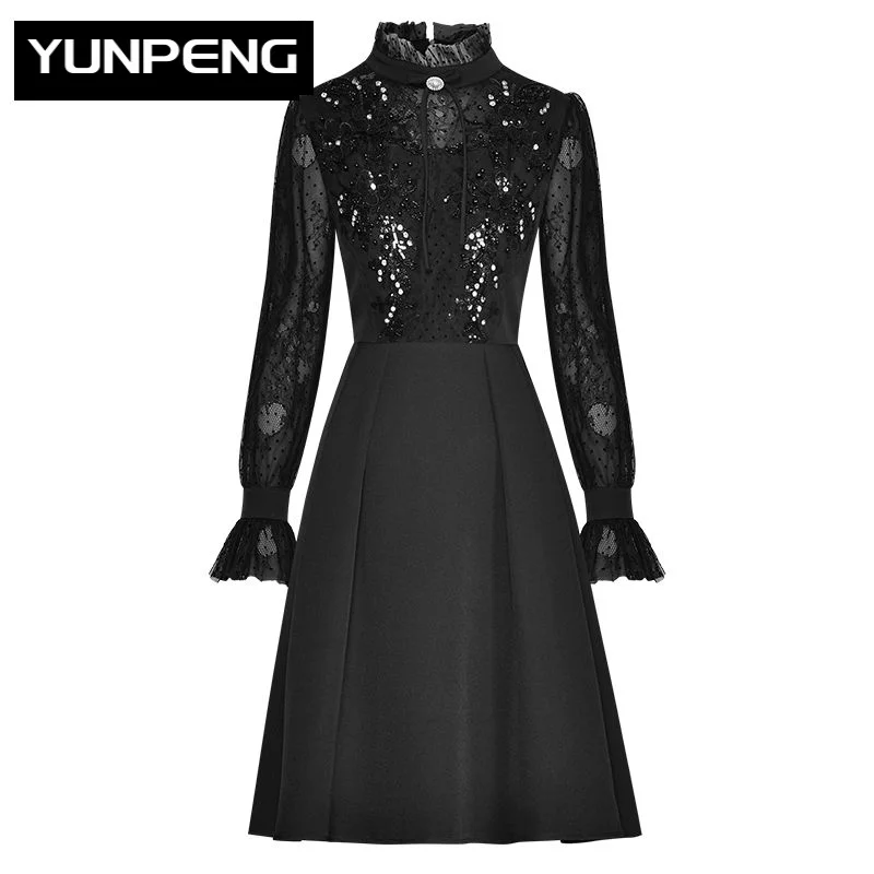 

Dresses For Women 2023 Summer Runway Luxury Brand Elegant High Stand Collar Lace Flare Sleeve Sequins Beading Vintage Mini Dress
