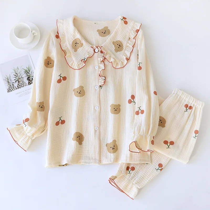 Big doll Collar Pajamas Set Women Korean Version Soft Cotton Crepe Long Sleeves fungus Four Seasons Thin Two Piece Home Clothes