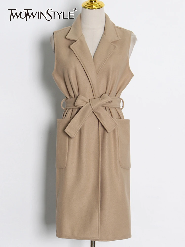 

TWOTWINSTYLE, однотонная ветровка для женщин, с вырезами, без рукавов, с высокой талией, с поясом, прямой Тренч, пальто для женщин, весна 2022, Новинка