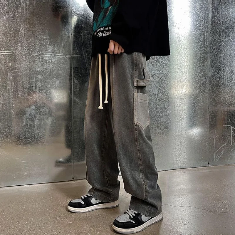 DEEPTOWN Classic Straight Jeans Men Pockets Loose Casual Denim Pants Streetwear Cargo Trousers Male Vintage Hip Hop Spring