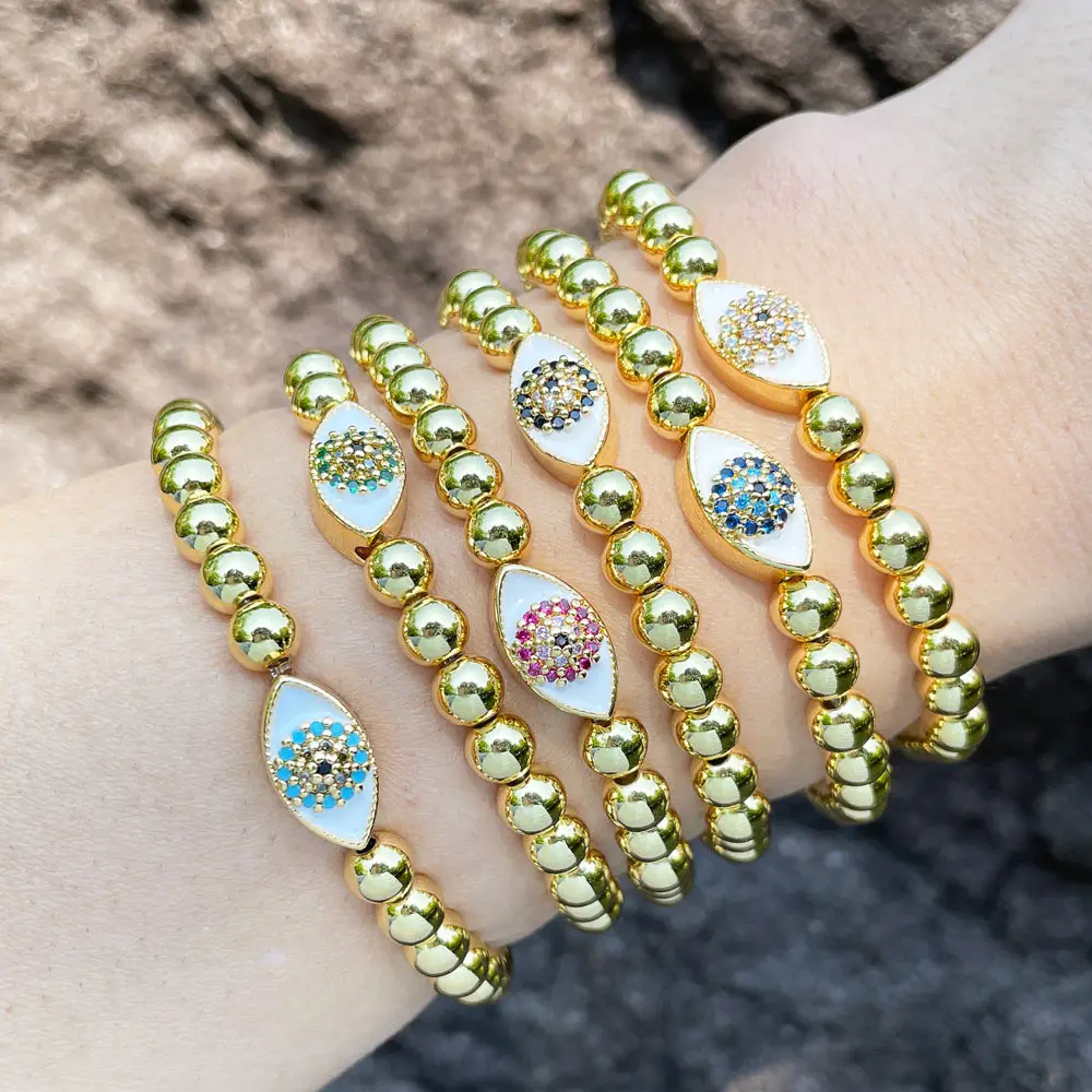 

FLOLA Luxury Gold Plated Beads Bracelets for Women Enamel Blue Evil Eye Bracelets Lucky Amulet Jewelry Gifts ojo turco brtg68